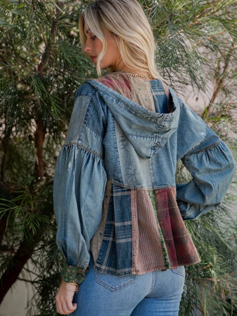 Patchwork denim shirt with a hood, size medium or large new white tags